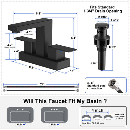 KINGTACK Bathroom Faucets, 4 Inch Matte Black Bathroom Faucets for Sink 3 Hole, 2 Handle Bathroom Sink Faucets with Pop-up Drain and Supply Lines