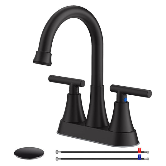 KINGTACK Bathroom Faucets 4 Inch Matte Black Bathroom Sink Faucet, Stainless Steel Lead-Free 2-Handle Centerset Faucet with Pop-up Drain and 2 Supply Hoses Fits 2 or 3-hole Sink