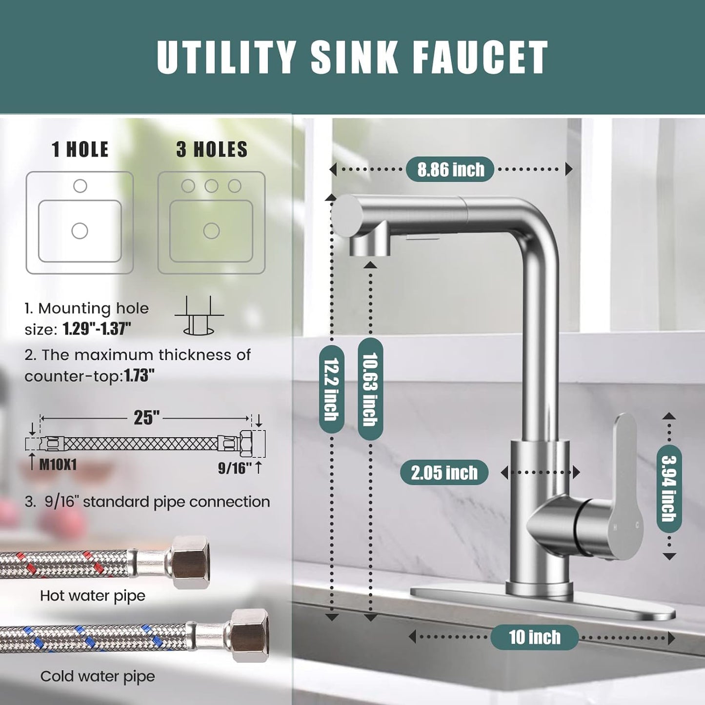 KINGTACK Kitchen Sink Faucet, Brushed Nickel Kitchen Faucet with Pull Down Sprayer, Stainless Steel Commercial Utility Kitchen Faucets for Sink 3 Hole for Bar Rv Camper Laundry Outdoor Farmhouse