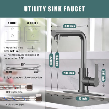 KINGTACK Kitchen Faucets, Brushed Grey Kitchen Faucet with Pull Down Sprayer, Stainless Steel Commercial Utility Kitchen Faucets for Sink 3 Hole for Bar Rv Camper Laundry Outdoor Farmhouse Sink